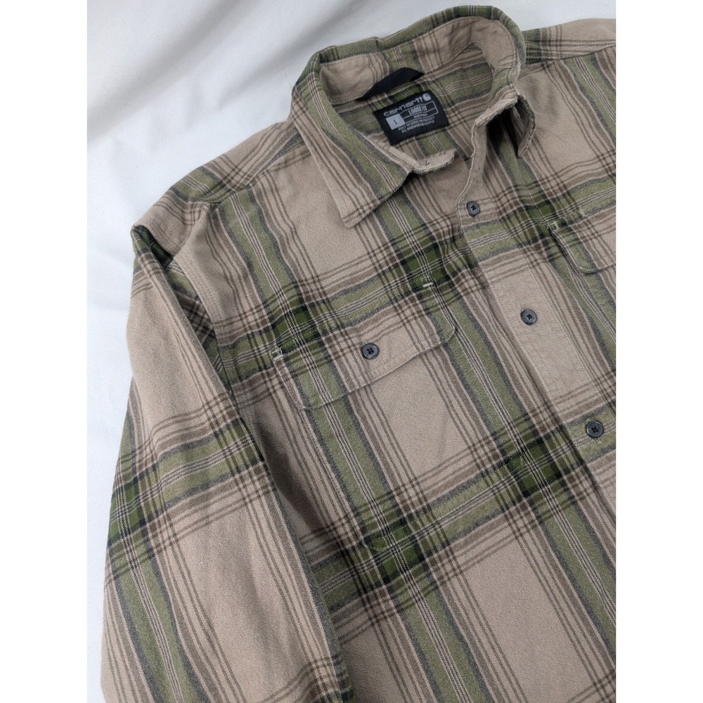 Carhartt Loose Fit Cotton Tan/Green/Broen Flannel Plaid Button L/S Shirt Large
